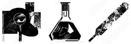 Black/white vector magnifying glass over eye, flask with brain, scalpel with halftone. Medical/scientific/diagnostic glyphs. Isolated for UI/education.