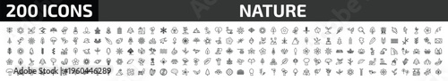 nature outline icon set. 200 linear vector for ui, web and mobile. thin line pinnate, magnolia, save nature and more icons.