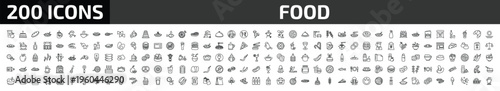 food outline icon set. 200 linear vector for ui, web and mobile. thin line healthy shakes, cake with one candle, loaf of bread and more icons.