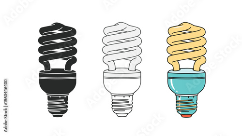 Energy-efficient light bulbs shown in three versions including solid black outline and a colored illustration with a teal base.