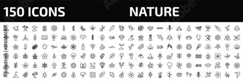 nature outline icon set. 150 linear vector for ui, web and mobile. thin line ruins, saturn with his ring, palm islands and more icons.
