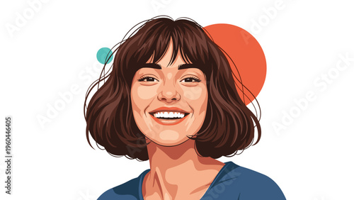 Joyful portrait of a young woman with a bob hairstyle smiling brightly against a background with orange and teal circular shapes.