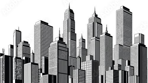 Dense urban skyline featuring many high-rise buildings and skyscrapers is depicted in a detailed black and white architectural drawing.