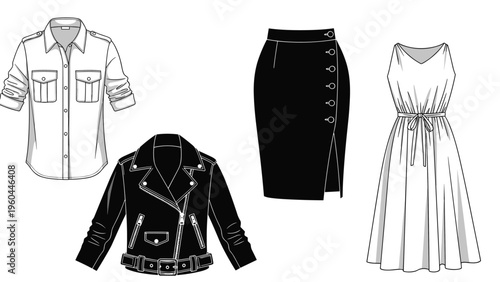 Minimalist black and white fashion icons depicting a button-up shirt leather jacket pencil skirt and dress for a stylish wardrobe.