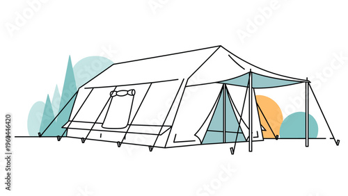 Large white family camping tent with side entrance and protective awning stands against stylized forest and sunset background.