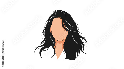 Minimalist illustration shows a faceless woman with long flowing dark hair and elegant neck against a plain white background.