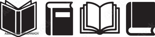 Four black and white book in different orientations and styles symbol reading