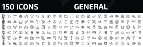 general outline icon set. 150 linear vector for ui, web and mobile. thin line biomass energy, build time, leader with loudspeaker and more icons.