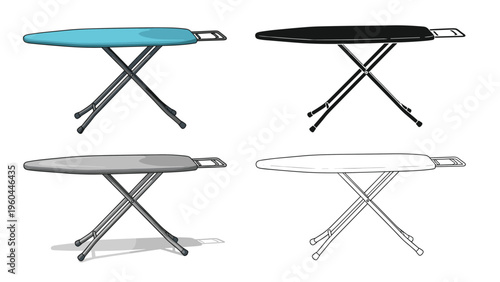 Household ironing board icons in various styles including blue grayscale and line art versions are essential for laundry themes.