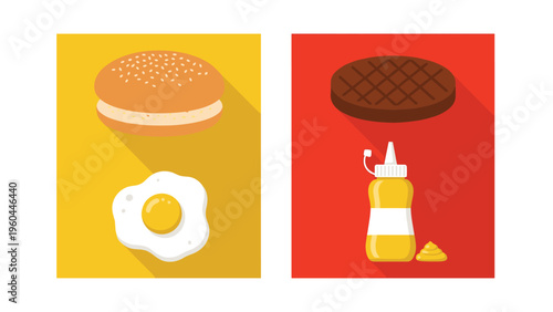 Flat design food icons represent burger components including sesame seed buns, a fried egg, a meat patty, and a mustard dispenser.