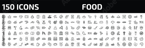 food outline icon set. 150 linear vector for ui, web and mobile. thin line hainanese chicken, jelly, mantou and more icons.