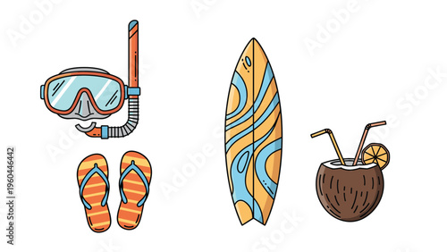 Beach and tropical vacation accessories including a snorkel mask, orange flip-flops, a blue patterned surfboard, and a coconut drink.