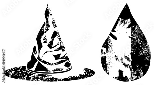 Enchanted witch hat with flame design, mystical potion droplet, symbol, black and white vector, magical, occult illustration.