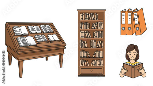 Library scene featuring a book display stand tall wooden bookshelf office binders and a girl reading comfortably in color art.