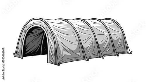 Large industrial tunnel tent or greenhouse frame covered with a protective fabric shown in a detailed grayscale drawing style.