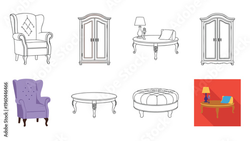 Classic interior furniture icons including an elegant armchair wooden wardrobe coffee table and ottoman in various styles and colors.