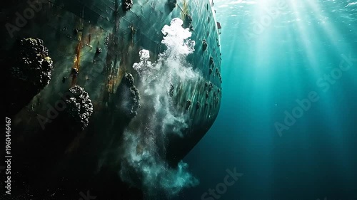 Underwater footage of a massive ship hull with sunlight filtering through ocean water