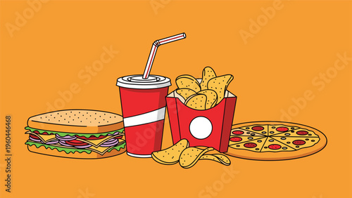 Fast food meal consisting of a large sandwich soda cup with straw a box of chips and a pepperoni pizza on an orange background.