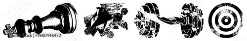Black and white vector chess king, abstract puzzle, dumbbell, target. Flat design, isolated symbols, graphic elements for UI, branding, or digital art.