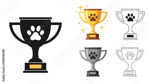 Achievement trophy for pets featuring a paw print symbol available in five distinct versions including gold silver and black.