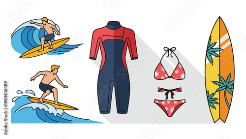 Exciting surfing collection featuring surfers riding waves a full wetsuit a red floral bikini and a decorative surfboard item.