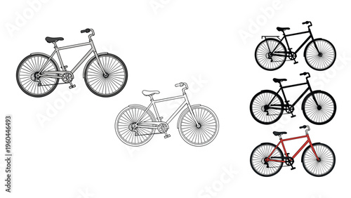 Set of five bicycles in different styles and colors including gray black and red for city commuting and recreational activities.