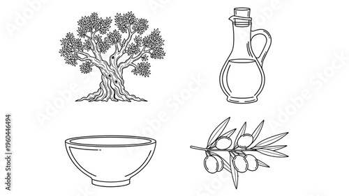 Mediterranean olive collection featuring a large tree a bottle of oil a ceramic bowl and a fresh olive branch in line art style.