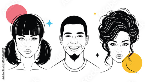Trio of diverse character portraits including a woman with pigtails a man with a goatee and a woman with an elegant hair updo.