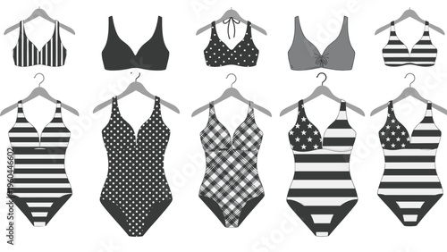 Large collection of diverse swimwear options including bikini tops and one-piece suits with stripes, polka dots, and checkered patterns.