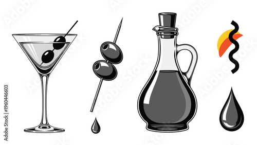 Assorted olive themed illustrations including a classic martini glass, olives on a toothpick, a bottle of oil, and falling liquid droplets.