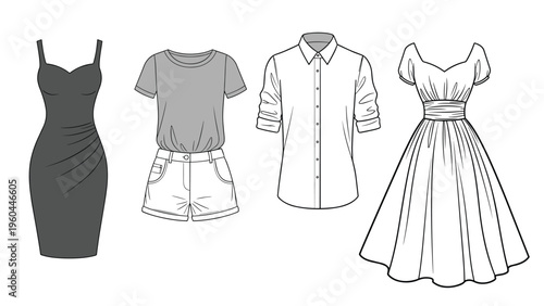 Set of fashion illustrations showcasing a sleek cocktail dress, casual t-shirt and shorts combo, professional shirt, and fit-and-flare gown.
