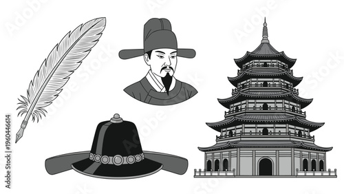 East Asian cultural heritage icons depicting a calligraphy quill, a man in traditional official dress, a Gat hat, and a historic pagoda.