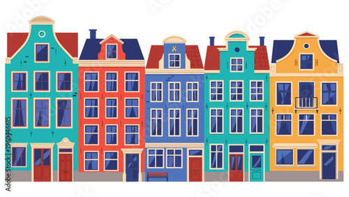 Colorful illustration of traditional Dutch townhouses with unique gables and decorative facades standing in a row against a white background.