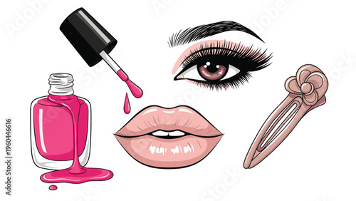 Feminine beauty and makeup illustrations showing a pink nail polish bottle, a detailed eye with lashes, full lips, and a hair barrette.