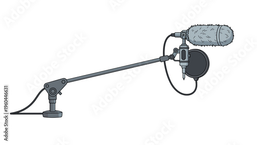 Professional studio microphone setup on an adjustable boom arm featuring a shock mount and pop filter for high quality audio recording.