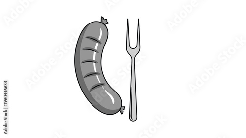 Detailed illustration of a single grilled sausage with dark char marks served next to a long metal two-pronged carving and serving fork.