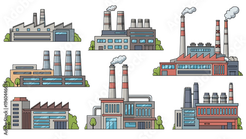Diverse collection of industrial factory building illustrations with multiple chimneys emitting smoke and various structural designs.