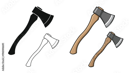 Four different artistic styles of a woodcutting axe including a dark silhouette, simple outline, and two detailed color illustrations.