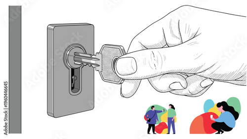 Close-up illustration of a large hand inserting a key into a door lock mechanism with tiny colorful figures using mobile phones in the scene.