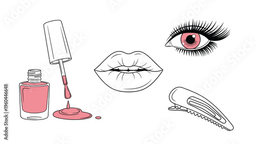 Beauty and personal care themed graphics featuring a pink nail polish bottle, full lips, a wide open eye, and a hair barrette clip.