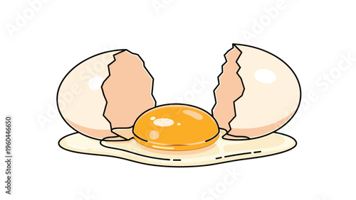 Illustration of a single cracked open egg with the bright yellow yolk and clear egg white spilled onto a white background surface.