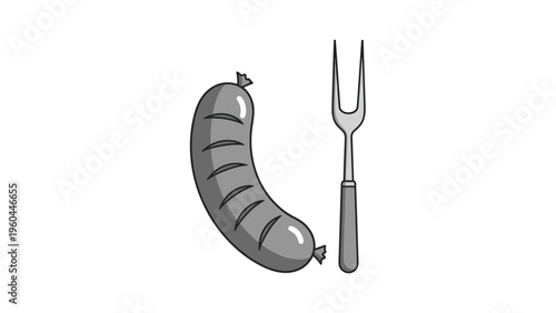 Simple monochrome illustration showing a single sausage with char marks placed vertically next to a long metal serving and carving fork.