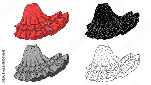 Four versions of a ruffled polka dot flamenco skirt shown in vibrant red, solid black, grayscale, and simple line art outline styles.