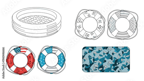 Collection of items for a swimming pool including an inflatable ring, various lifebuoy patterns, and a blue abstract patterned pool mat.