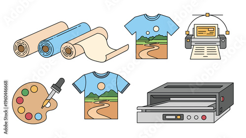 Set of colorful icons for a professional garment printing and fabric design service including printers, heat press, and fabric rolls.