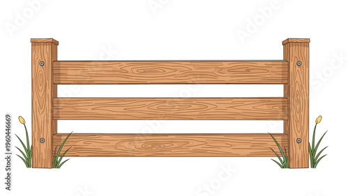 Illustration of a classic three-rail wooden ranch fence with posts and grass growing at the base under a clear white background.