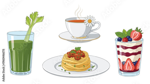 Assorted healthy food and drink items including green celery juice, herbal tea with a daisy, a pasta dish, and a berry yogurt parfait.