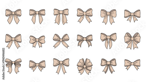 Collection of fifteen unique ribbon bow designs in a light tan color shown in a grid layout for decorative and festive applications.