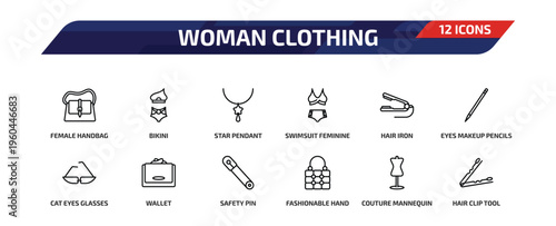 woman clothing outline icon set. 12 linear vector for ui, web and mobile. thin line female handbag, bikini, star pendant and more icons.