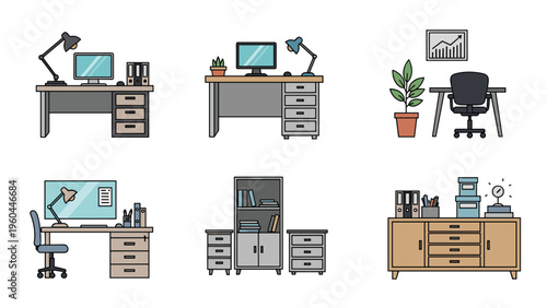 Collection of six workspace icons showing different office setups with computer desks, chairs, lamps, bookshelves, and storage cabinets.